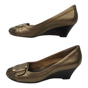 Andrew Geller Ocean Slip On Shoe Womens 6M Leather Gold Copper Wedge Heel Buckle